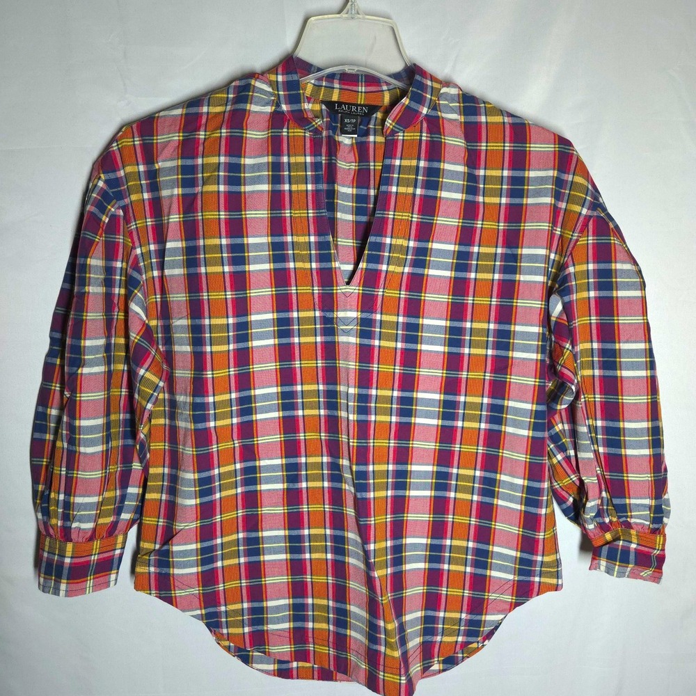 Lauren Ralph Lauren Plaid  Pullover Balloon Sleeve Tunic Blouse XS Heritage